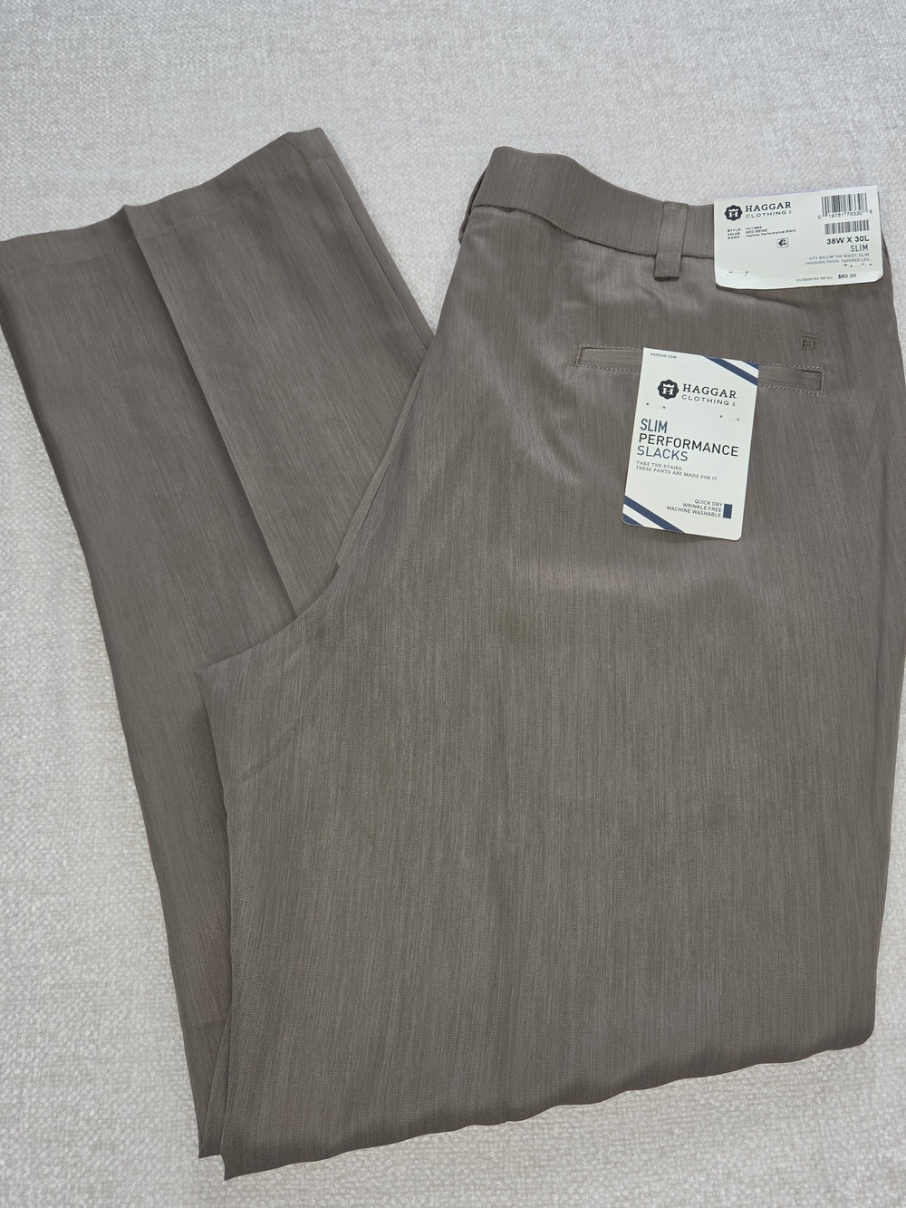 Haggar Slim Performance Slacks Mens 38x30 Beige Dress Pants NWT Quick Dry